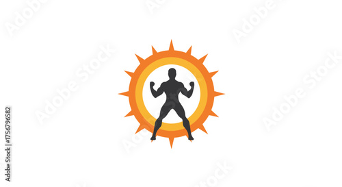 Powerful superhero silhouette standing victorious within radiant energetic sunburst symbol of strength and courage isolated on white background