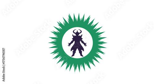 Stylized tribal figure adorned with green sunburst motif symbolizing spirit power and protection traditional cultural artistic design isolated on white background