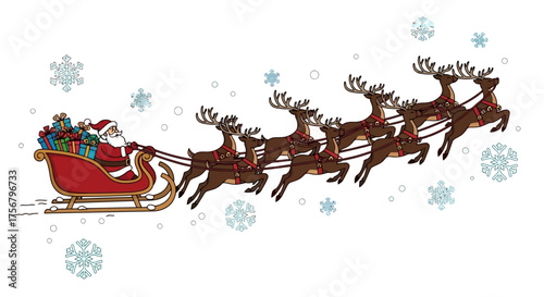 Santa Claus Flying in Sleigh Pulled by Reindeer with Gifts and Snowflakes