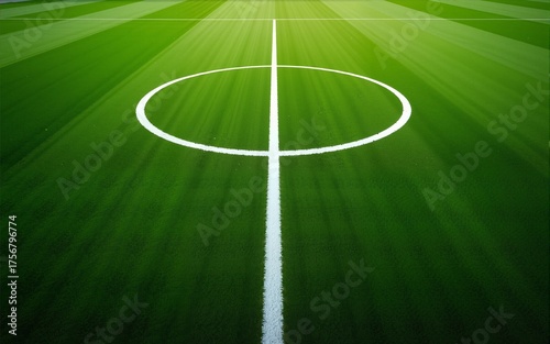 Green synthetic grass sports field with white line shot from above. Soccer, hurling, lacrosse, rugby, football, baseball sport concept. High quality