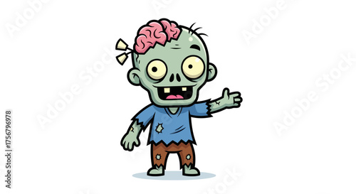 Cute cartoon zombie with exposed brain and torn clothes giving a thumbs up gesture