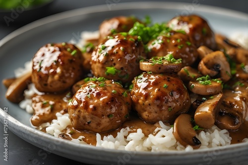 plate of meatballs with mushroom gravy over rice