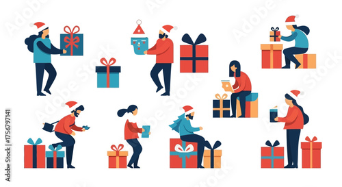 Joyful illustrations of diverse people celebrating the festive season, sharing and receiving wrapped gifts, embodying the heartwarming spirit of holiday present exchange and merriment