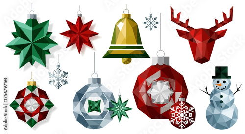 Holiday decorations with geometric shapes Christmas ornaments, bell, snowflake, reindeer, and snowman in a low-poly style