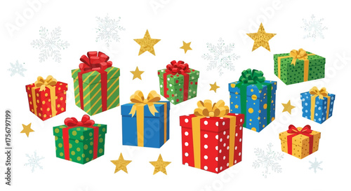 A festive collection of beautifully wrapped Christmas presents adorned with sparkling stars and snowflakes, creating a joyful holiday atmosphere