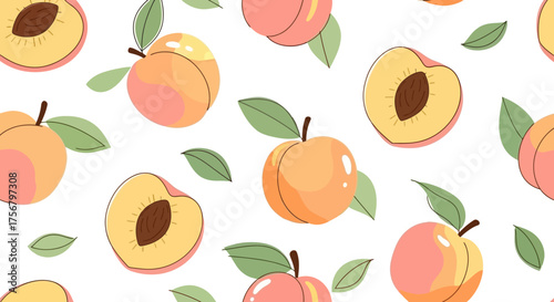 Sweet and Juicy Peach Fruit Seamless Pattern on White Background - Fresh Summer Harvest Repeatable Design for Fabric, Packaging, or Wallpaper