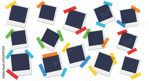 Set of empty instant camera picture frames arranged randomly with colorful tape, creating a collage or mood board concept for your memories