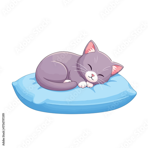 Adorable cartoon illustration of a cute grey kitten peacefully sleeping on a soft blue pillow, showcasing innocent slumber and comfort in a charming, simple style