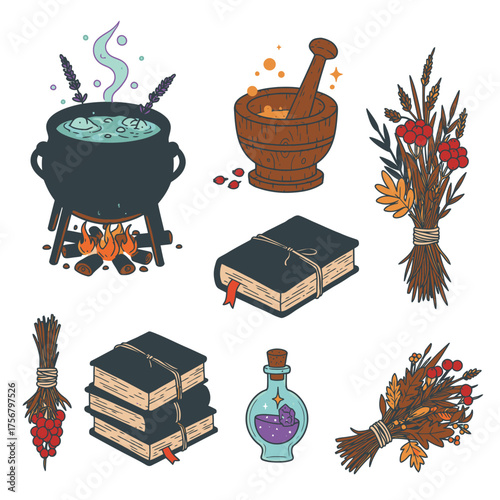 A mystical assortment of witchcraft essentials featuring a steaming cauldron, old grimoires, a potion bottle, and dried autumn botanicals for enchanting practices.