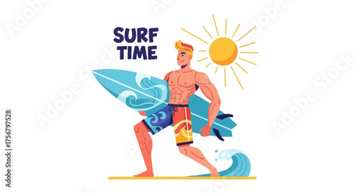A muscular surfer stands with his surfboard ready to catch a wave under the bright sun, embodying the spirit of adventure and a day at the beach