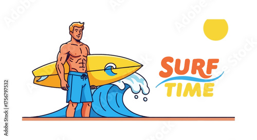 Surf Time Illustration of a Man with Surfboard Ready to Ride a Wave
