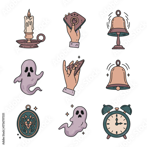 An enchanting collection of hand-drawn mystical elements, including eerie ghosts, ancient bells, flickering candles, and fortune-telling cards, perfect for spiritual themes.