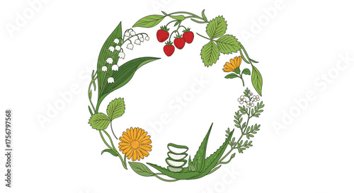A circle of botanical ingredients including berries and herbs.