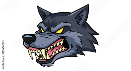 Fierce wolf head illustration with an aggressive snarl, sharp fangs, and intense glowing eyes, portraying a powerful and determined wild animal mascot design