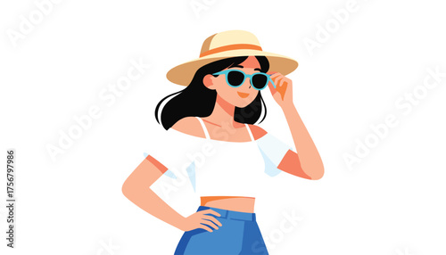 Summer Radiance: A woman exudes the essence of summer with her stylish straw hat, sunglasses, and breezy attire, a perfect portrait of carefree enjoyment. 
