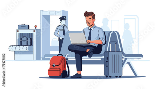Airport Lounge: A man sits comfortably in the airport lounge, focused on his laptop, while luggage and security personnel hint at the traveler's journey ahead. 
