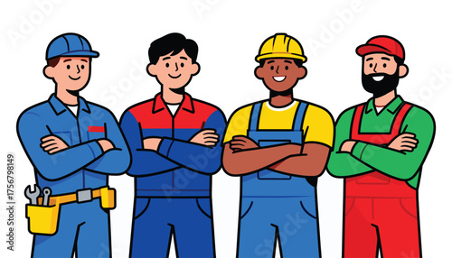 Unity of Craftsmanship: A team of skilled construction workers stand together, their crossed arms and varied attire symbolizing unity and expertise.