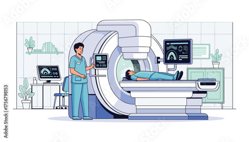Medical Imaging Technology: A detailed view of a radiation therapy machine in operation, with a patient undergoing a scan under the supervision of a skilled radiologist.