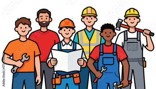 Construction Crew Illustration: A dynamic illustration showcases a diverse construction crew of builders and workers, each ready to collaborate on a construction project.