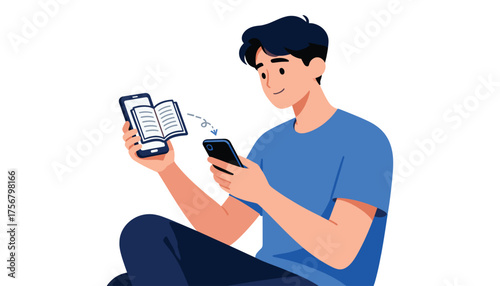 Digital book transfer: A contemporary illustration captures a young person seamlessly transferring a digital book from one smartphone to another.