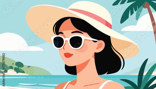 Sun-Kissed Serenity: A stylish young woman, adorned in a chic sun hat and sunglasses, radiates tranquility against a backdrop of tropical paradise, evoking feelings of carefree days and summer bliss.