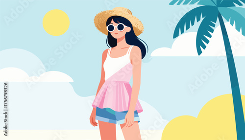 Sun-Kissed Beach Bliss: An elegantly dressed woman, embraces the radiant beauty of a sun-soaked beach, a symbol of leisure and tranquility, set against a beautiful sky and tropical backdrop. 