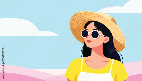 Summer Daydream: A vibrant illustration captures a woman bathed in the soft glow of a sunny summer day, wearing sunglasses, a straw hat and looking off into the distance. 