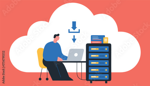 Cloud Data Sync: A professional is seen diligently working on a laptop, symbolizing data synchronization with a cloud data environment.