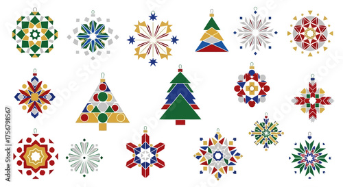 Collection of festive and colorful geometric Christmas ornaments and decorations in various shapes and patterns