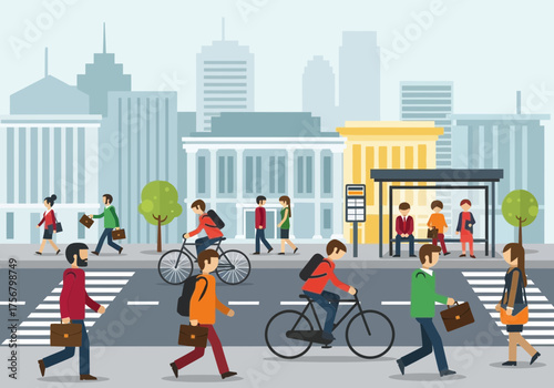 Pedestrians walking urban cityscape cartoon illustration