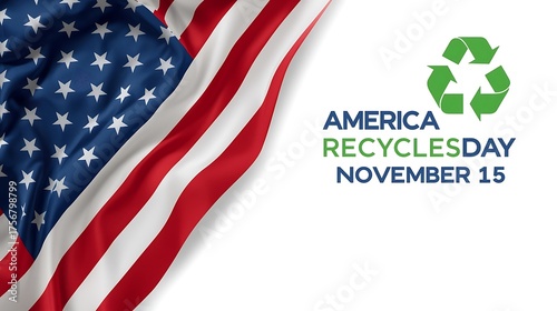American flag waving beside america recycles day information and symbol