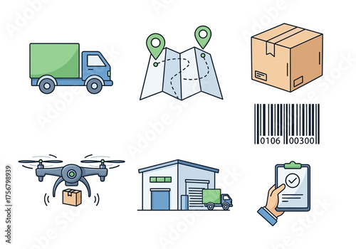 Shipping and delivery icons set various modes logistics and transportation