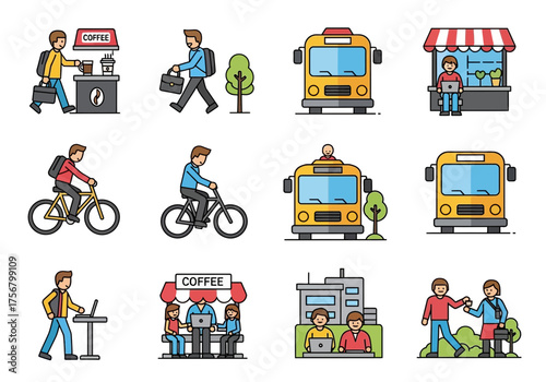 Transportation and activity icons for various concepts