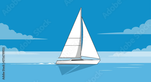 A serene white sailboat gracefully glides across the calm blue ocean under a clear sky, embodying a sense of freedom, adventure, and peaceful maritime journey