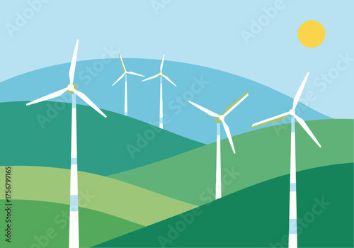 Wind turbines on green hills under sunny sky energy concept