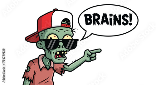 Cartoon zombie wearing sunglasses and a baseball cap pointing and saying brains.