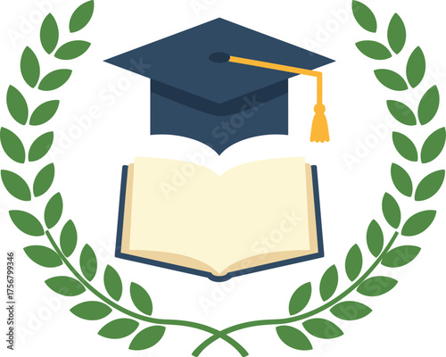 Graduation cap on open book surrounded by laurel wreath symbolizing academic achievement and learning isolated on transparent background Vector