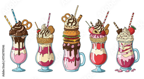 A collection of decadent dessert milkshakes topped with various sweet and savory treats.