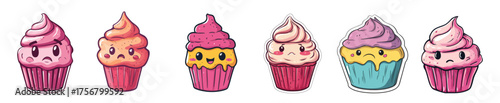 whimsical collection of six cartoon cupcakes,each with different cute and expressive face, showcasing various emotions for bakery blogs, children's content,or emoji sets