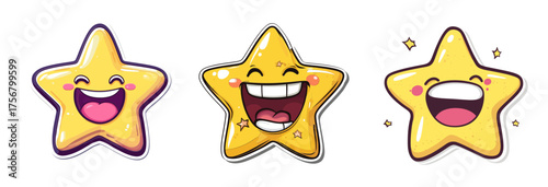 A trio of happy, laughing cartoon stars with expressive faces. Perfect for blogs on success, fun, celebration, children's content, or positive feedback