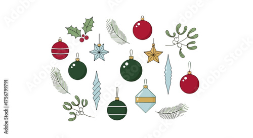 Festive Christmas Ornaments and Decorations Illustration.