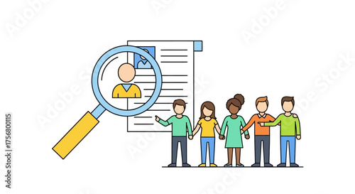 Recruitment process with magnifying glass and people representing teamwork.