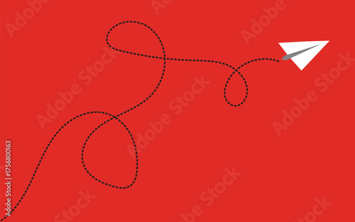 A simple paper airplane leaves a whimsical winding trail across a vibrant red background