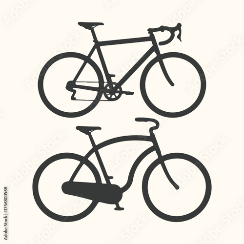 Vector art of two silhouette bicycles, a road bike and a cruiser bike, on a light cream background