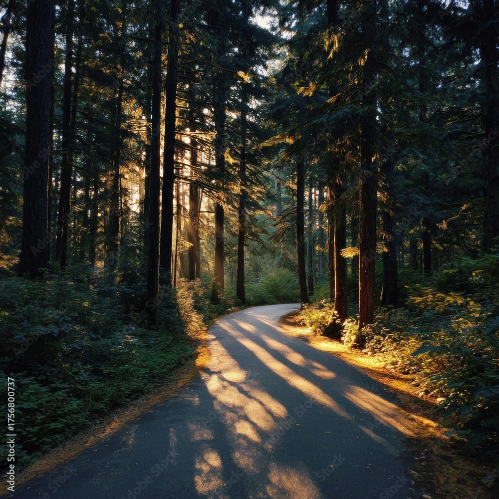 Fototapeta premium Serene Forest Path with Sunlight Filtering Through Tall Trees