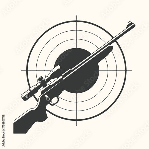 Vector art of silhouette of a sniper rifle with a scope positioned over a target with crosshairs, symbolizing precision and aiming