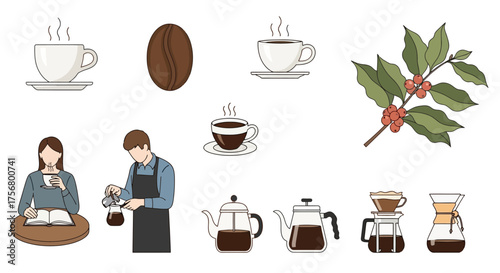 Coffee culture illustration set with various elements related to coffee making and consumption.