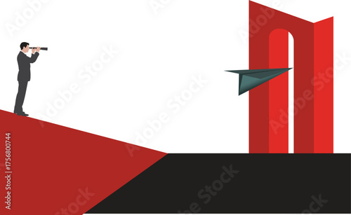 Abstract Planning and Ambition Illustration – Telescope Viewer and Flying Idea Facing Futuristic Portal