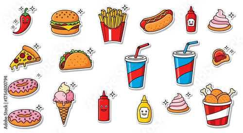 Delicious Fast Food Collection with Burgers Fries Pizza and Drinks.