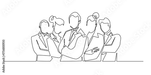 Continuous line illustration of a confident business team standing together with crossed arms. One line drawing of professional teamwork, leadership, unity, and corporate collaboration concept.